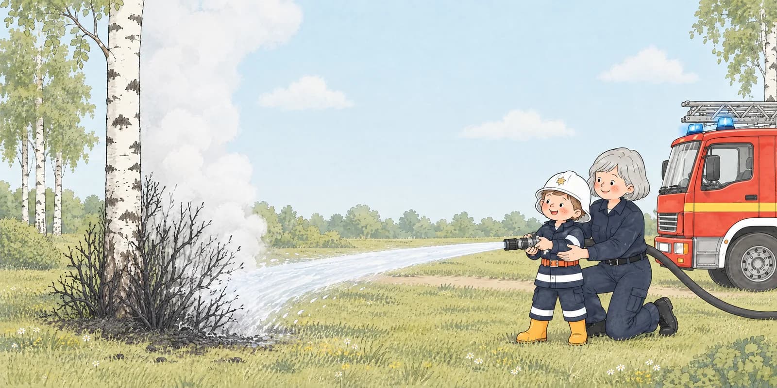 Uppslag ur boken där Otto och brandmästare Berit släcker en brand tillsammans